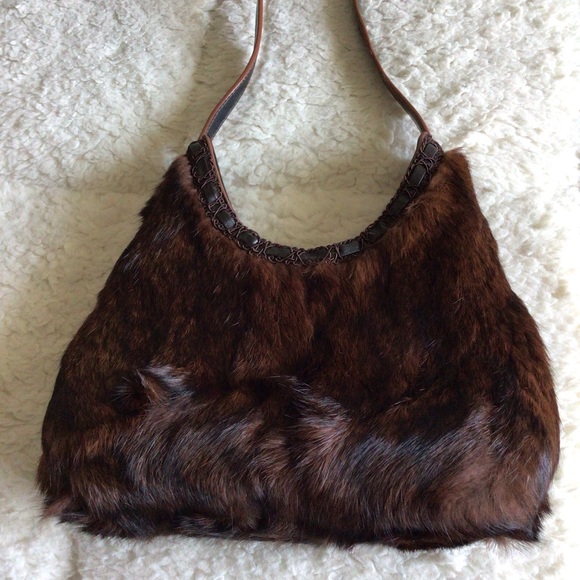 Cindy Bogart Original Mink and Leather Shoulder Tote Handbag